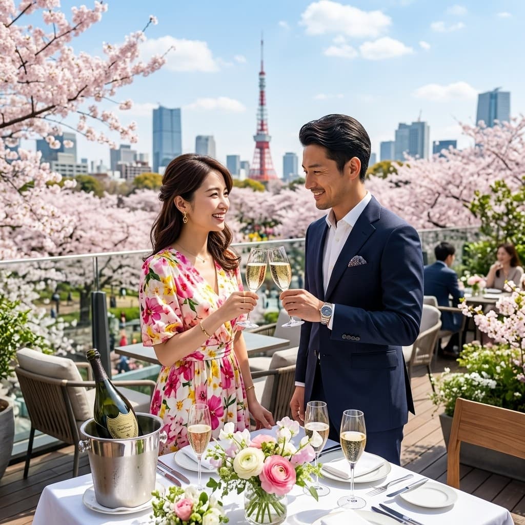 東京タワーを望む屋上テラスで举杯するカップル